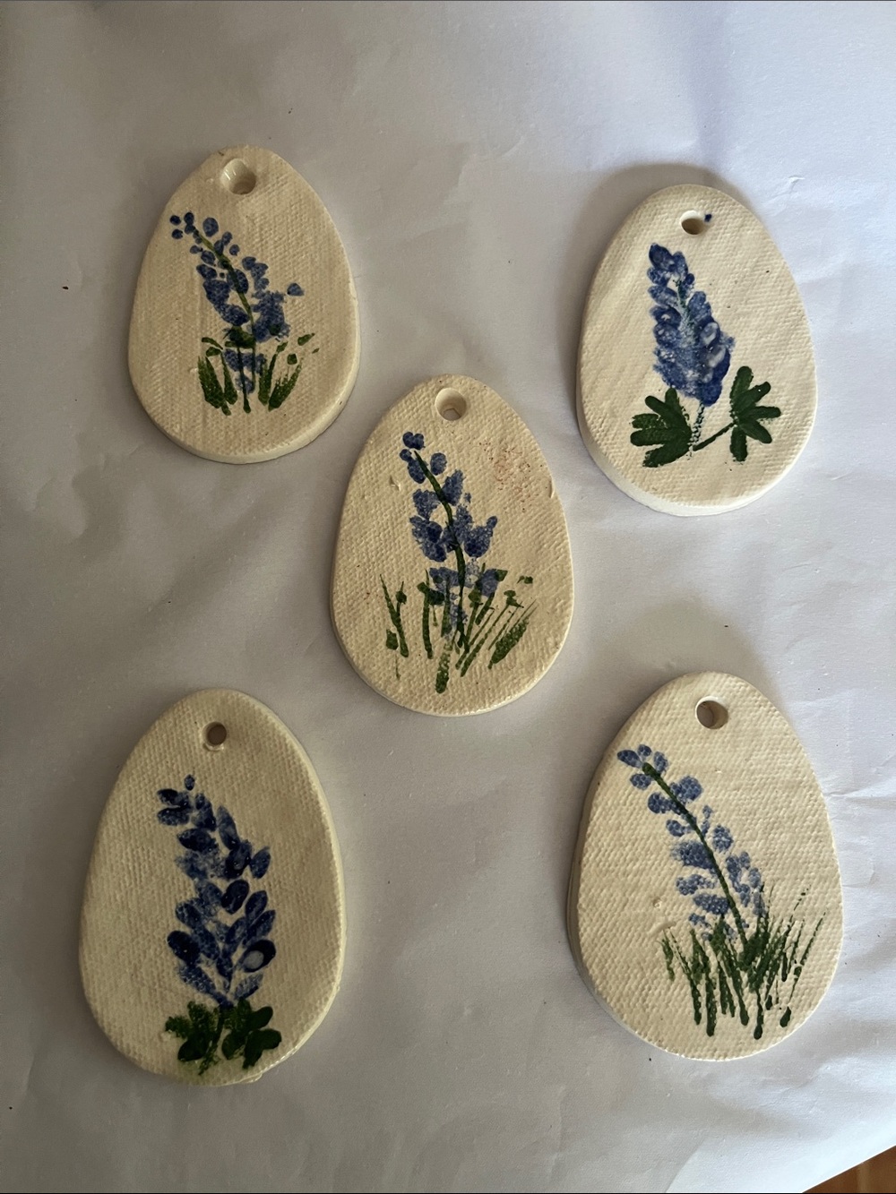Hand-Painted Ceramic Bluebonnet Ornaments Tags Set of 5